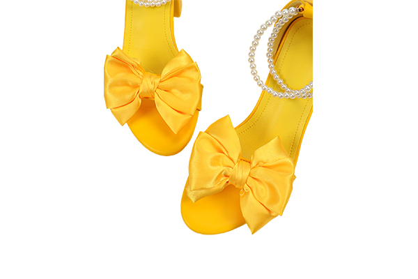 Women's Summer Yellow Faux Pearl Bow Decoration Open Toe Square Head High Heel Sandals Elegant Style