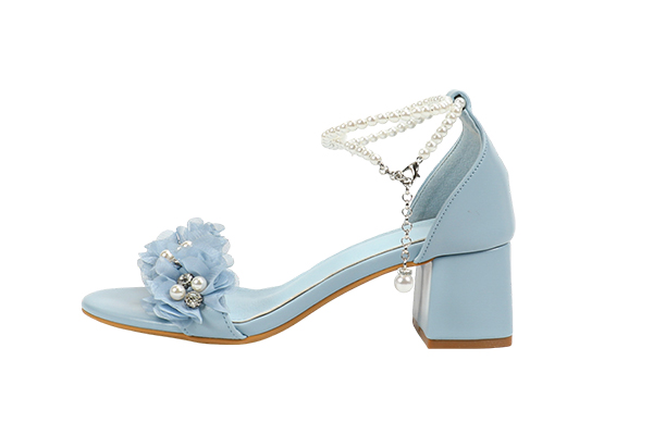 Women's Summer Blue Artificial Pearl Flower Decoration Open Toe Square Head Thick Heel Sandals Sweet Style