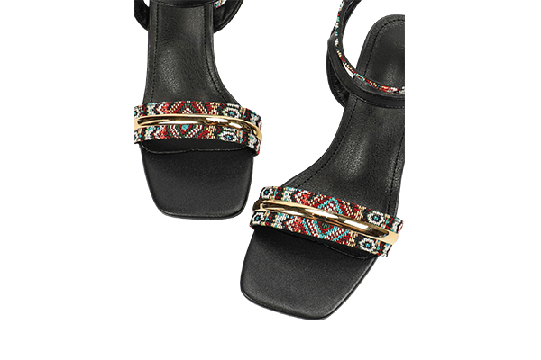 Women's Summer Black Geometric Pattern Decoration Open Toe Square Head Thick Heel Sandals Ethnic Style