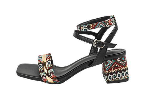 Women's Summer Black Geometric Pattern Decoration Open Toe Square Head Thick Heel Sandals Ethnic Style