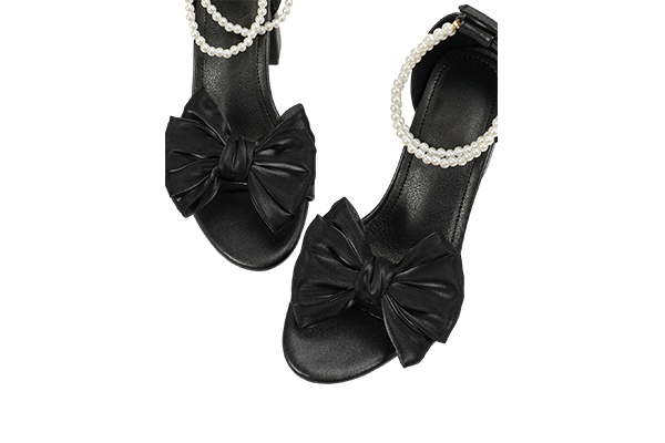 Women's Summer Black Faux Pearl Bow Decoration Open Toe Square Head High Heel Sandals Elegant Style