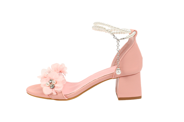 Women's Summer Pink Artificial Pearl Flower Decoration Open Toe Square Head Thick Heel Sandals Sweet Style