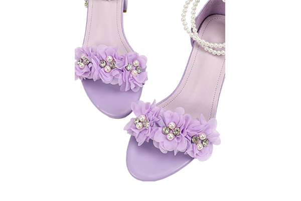 Women's Summer Purple Artificial Pearl Flower Decoration Open Toe Square Head Thick Heel Sandals Sweet Style