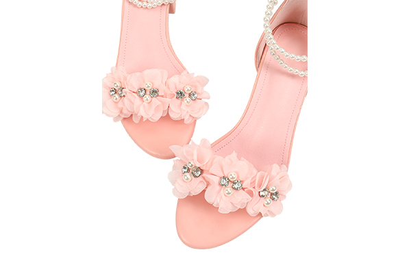 Women's Summer Pink Artificial Pearl Flower Decoration Open Toe Square Head Thick Heel Sandals Sweet Style