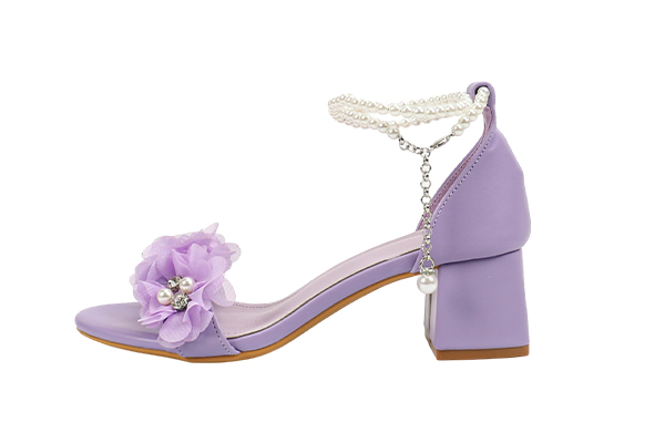 Women's Summer Purple Artificial Pearl Flower Decoration Open Toe Square Head Thick Heel Sandals Sweet Style