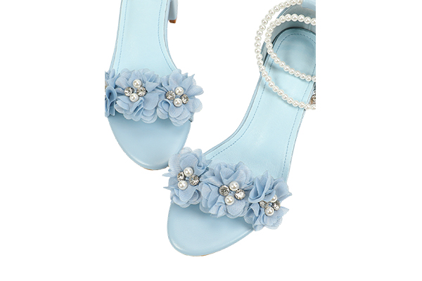 Women's Summer Blue Artificial Pearl Flower Decoration Open Toe Square Head Thick Heel Sandals Sweet Style