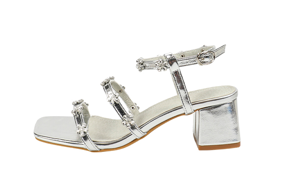 Women's Summer Silver Flower Decoration Open Toe Square Head High Heel Sandals Fashion Style